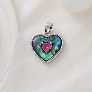 Abalone heart pendant with pink gemstone on silk, 18K gold plated jewelry accessory