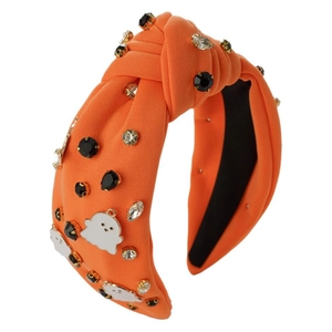 Halloween orange knotted headband with white ghost charms and sparkling rhinestones