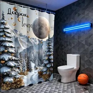 Detail of waterproof polyester shower curtain featuring snowy mountain and winter pine scene