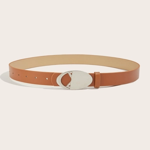 Detail of a brown leather belt featuring a silver geometric metal buckle and adjustment holes