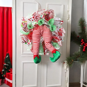 Christmas wreath with elf legs, red and green mesh ribbon festive door hanging decoration