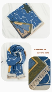 Detail of winter scarf featuring colorful patchwork design and long fringe edges