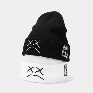 Sad Face Embroidered Beanie Hat Unisex Winter Ribbed Knit Cap Streetwear Warm Outdoor Cuffed Skull Cap Hip Hop Style