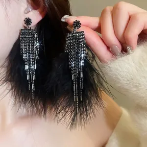 Black Feather Tassel Clip On Earrings Rhinestone Inlaid Gothic Vintage Long Drop Elegant Jewelry For Women