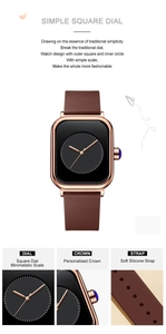 Detail view of square quartz watch with brown silicone strap and gold dial components