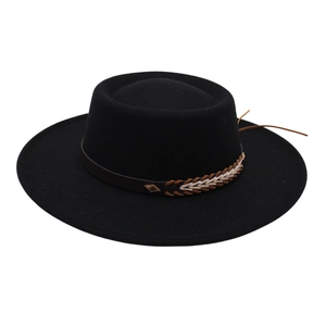 Detail of black wool felt boater hat featuring a woven leather band and gold diamond rivet