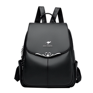 Women's black soft faux leather backpack with kangaroo logo and anti-theft flap design