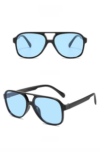 Retro double bridge aviator sunglasses with black frames and light blue lenses in two views