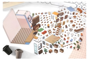 Macro detail of DIY miniature coffee house scenery stickers with bear characters