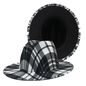 Classic black and white plaid fedora hat with wool-like texture and plain black lining