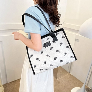 Sac Fourre-Tout Matelassé À Fleurs De Rose Femmes Toile Sac À Main Épaule Décontracté Mode