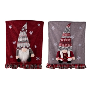 Set of 2 Christmas gnome chair covers in red and grey fabric with white snowflake embroidery