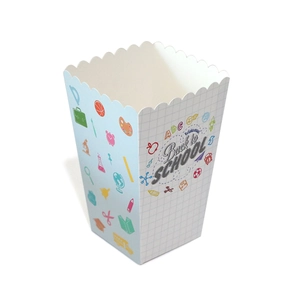 Detail of Back to School popcorn box with scalloped edges and school stationery patterns