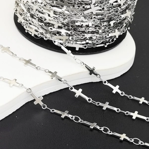 Detail of silver cross metal chain links wound on a spool for DIY jewelry making