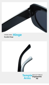 Detail view of reinforced hinge and anti-slip temples on black square sunglasses