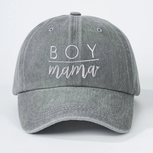 Dark grey washed denim baseball cap with white BOY mama embroidery and curved brim