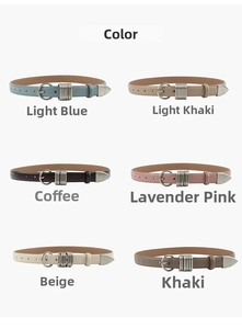Detailed grid view of thin leather belts for women in six pastel colors with silver buckles
