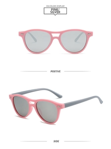 Detail of pink double-bridge aviator sunglasses with silver lenses and metal rivets