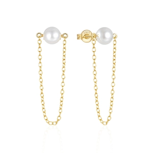 Detailed view of golden S925 sterling silver stamp on pearl tassel chain earrings