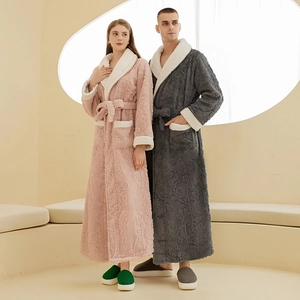 Long Plush Bathrobe Thickened Flannel Robe With Contrast Shawl Collar Floral Jacquard Nightwear For Couple Men Women