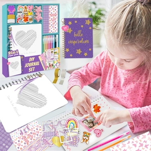 DIY Journal Set with purple glitter notebook, stickers, and girl using the kit