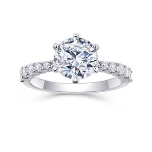 Classic six-prong S925 sterling silver ring with brilliant round moissanite on white background