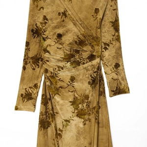 Robe longue portefeuille bronze à manches longues avec dévoret de velours floral plissé