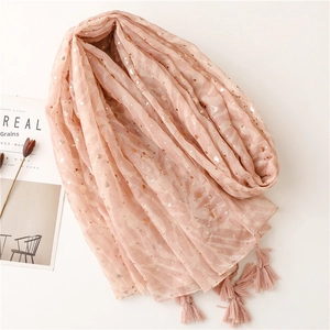 Pink cotton-linen scarf with gold foil zebra pattern and delicate fringed edges