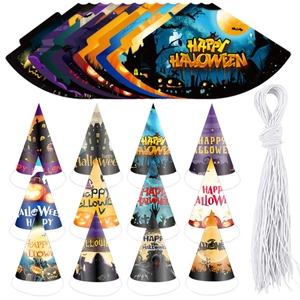 Halloween Party Paper Conical Hat DIY Pumpkin Ghost Pattern Decorative Party Hats With Elastic Rope For Festive Celebration