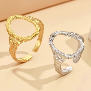 Irregular Geometric Oval Hollow Ring Hammered Texture Stainless Steel Vacuum Gold Plated Adjustable Open Ring For Women
