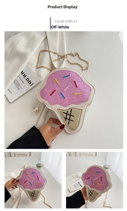 Close-up of pink sequined ice cream cone bag with mesh texture and gold chain strap