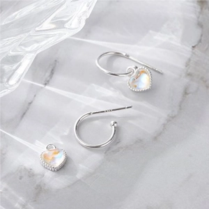 S925 sterling silver heart-shaped hoop earrings with iridescent rainbow gemstones