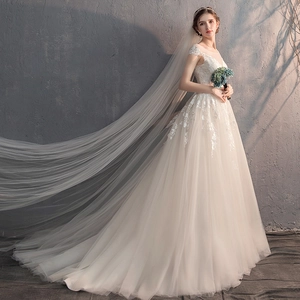 Robe de mariée élégante en dentelle blanche avec long voile en tulle et broderies
