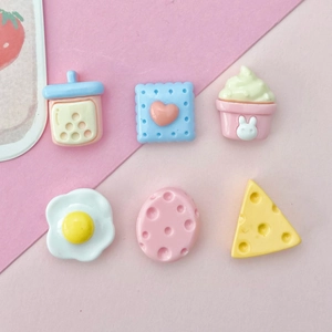 Set of 6 colorful resin food charms including bubble tea, ice cream, and egg for DIY crafts