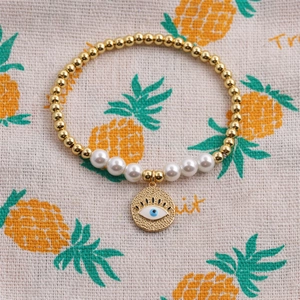 Bracciale alla moda con occhio del diavolo, perle dorate e bianche per donna