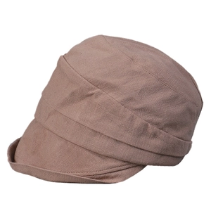 Japanese style short brim pleated baseball cap in brown cotton-linen breathable fabric