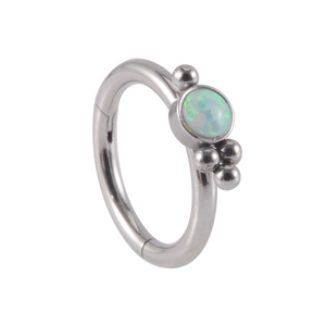Polished stainless steel hinged nose ring with white opal and small metal beads decor