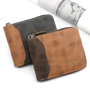 Close-up of retro PU leather texture and precise stitching on men's zip-around wallet