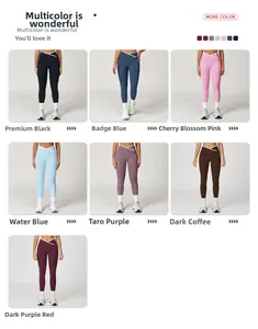 Detail van het overslag V-taille ontwerp en zeven kleuropties voor dames yogabroeken