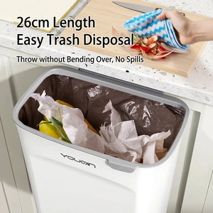 Wall-mounted white kitchen trash can with 26cm wide opening for easy waste disposal