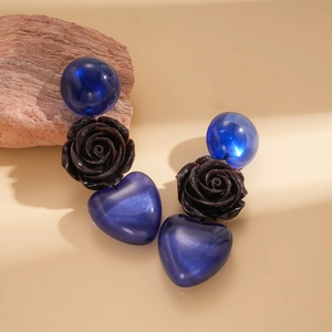 Boucles d'oreilles rétro en résine avec cœur bleu, fleur de rose brune et perles rondes