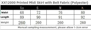 Detailed size chart for floral midi skirt showing waist and length measurements in cm