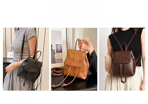 Detailed view of women's vintage drawstring backpack showing three convertible carrying styles