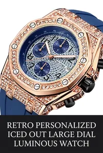 Details des roségoldenen achteckigen Gehäuses mit Kristallbesatz und blauem Armband