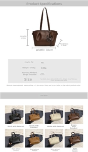 Detailed size chart and specifications for the large capacity pleated PU tote bag