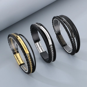 Men Braided Leather Bracelet Multi Layer Stainless Steel Magnetic Clasp Punk Individual Style Hand Jewelry For Male
