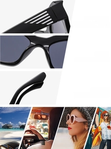 Detail view of black Y2K sunglasses with nose pads, hinges and various lifestyle scenes