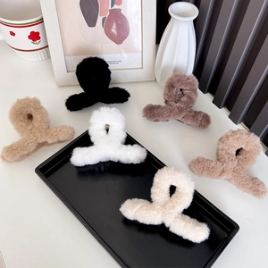 Faux rabbit fur hair claws in black, white, and brown plush textures for women