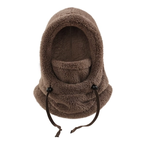 Detail of brown fleece balaclava with adjustable drawstring and plush thermal texture