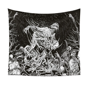 Gothic black and white skull tapestry featuring a giant monster rising from skeletons